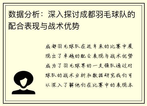 数据分析：深入探讨成都羽毛球队的配合表现与战术优势