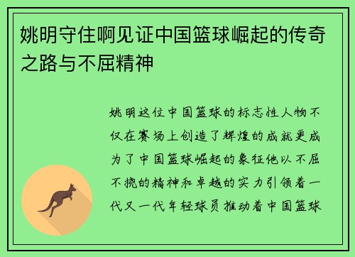 姚明守住啊见证中国篮球崛起的传奇之路与不屈精神